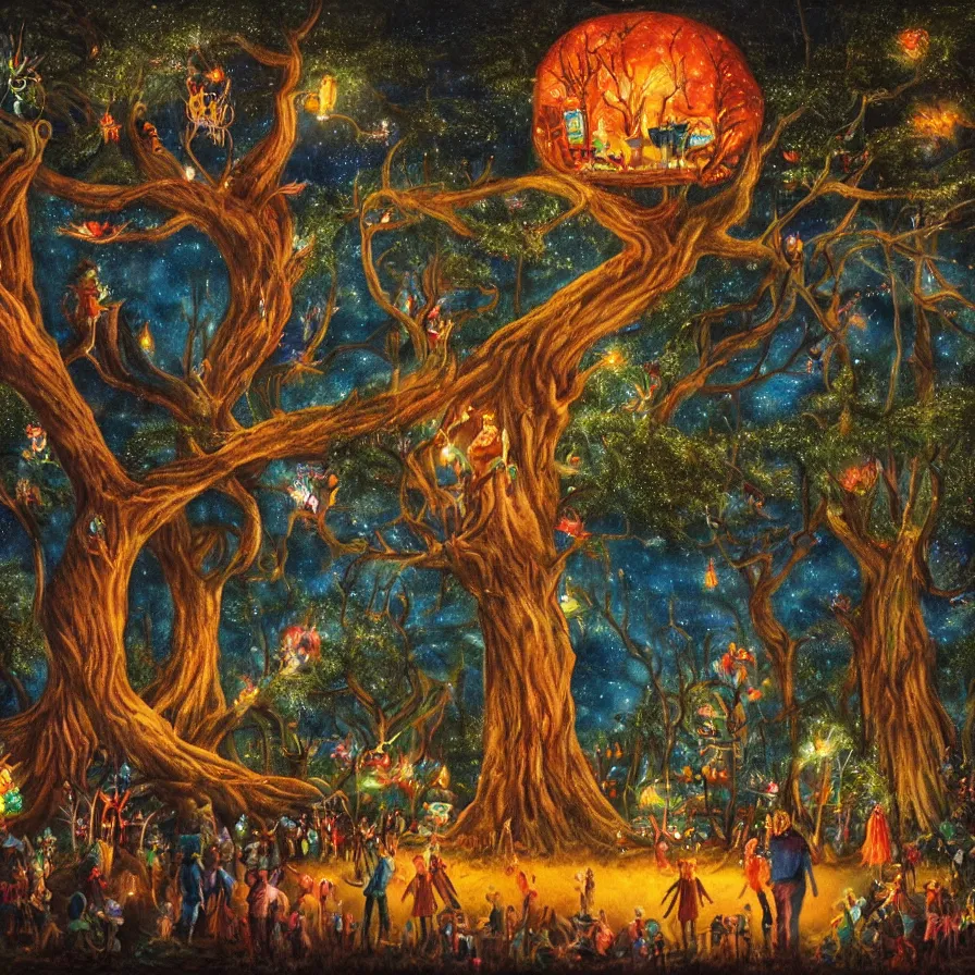 Image similar to a night carnival around a magical tree cavity, with a surreal orange moonlight and fireworks in the background, next to a lake with iridiscent water, christmas lights, folklore animals and people disguised as fantastic creatures in a magical forest by summer night, masterpiece painted by richard burchett, dark night environment