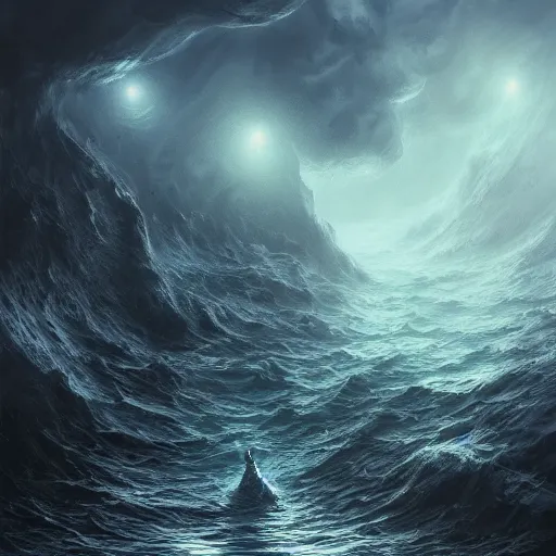 Prompt: death rising from the depth of the ocean , wide angle shot, diffuse lighting, fantasy, intricate, elegant, highly detailed, lifelike, photorealistic, digital painting, illustration, concept art, smooth, sharp focus, A24!film cinematography