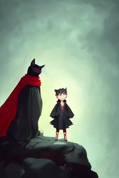 Image similar to little boy with cat ears in an black outfit with red cape. digital artwork made by lois van baarle and kentaro miura and marc simonetti and jakub rebelka, sharpness focus, inspired by hirohiko araki, anatomically correct, heroic composition, hero pose, smooth