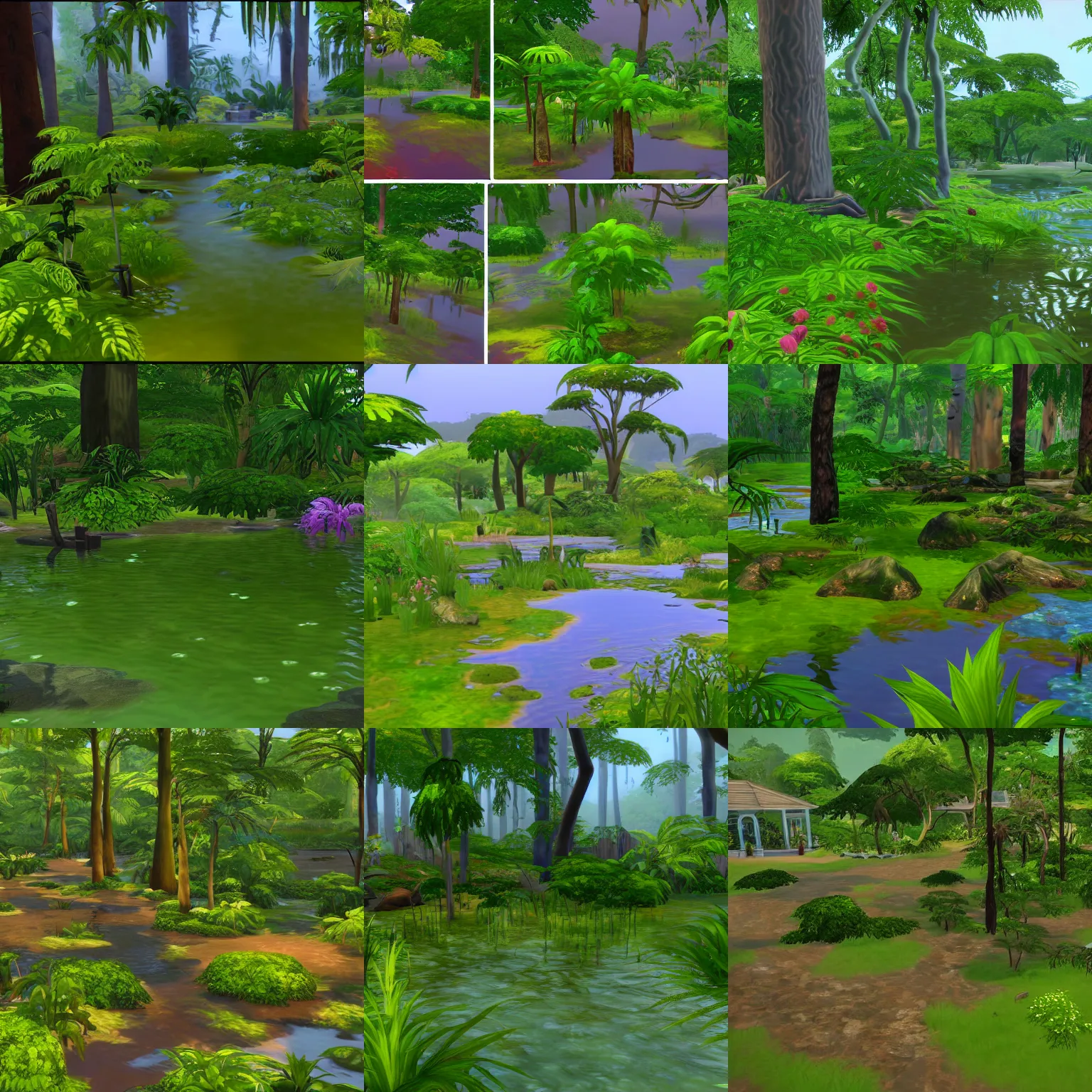 Prompt: swamp bayou humid damp flora fauna in the sims 4