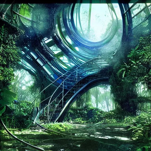 Image similar to stairs leading to a derelict portal in a middle of a lush futuristic forest, alien world seen through a portal, daylight, cinematic lighting, blue sky, syd mead, john harris