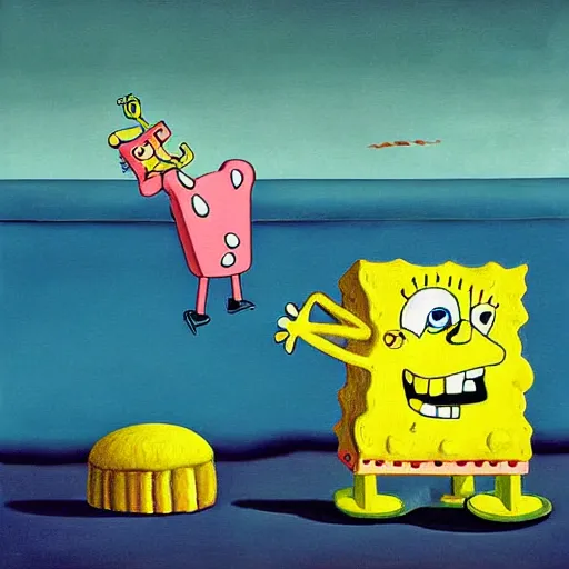 Prompt: surrealist painting of spongebob and patrick, in the style of salvador dali