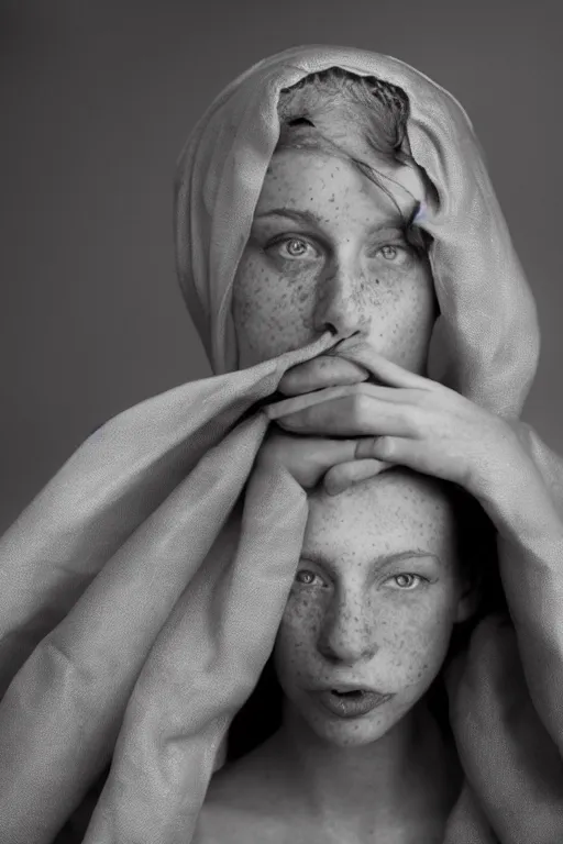 Prompt: A beautiful young woman with red hair, light freckles, mouth slightly open, slight smile, wrapped in sheets around het shoulders, looking at the camera, award winning photograph by Annie Liebowitz