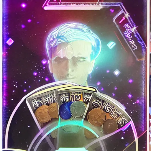 Image similar to An open hand holding a holographic stack of coins, Android Netrunner