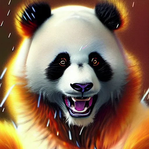 Prompt: anime panda, mystical fur, vibrant, highly detailed, muscular, very cute face, full body with golden arma, happy, lighting, rain background, digital art, pixiv fanbox, artstation, by greg rutkowski, wlop