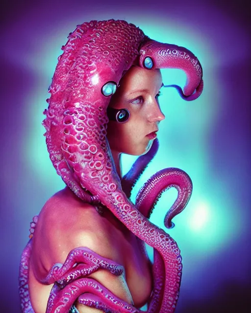 Image similar to natural light, soft focus portrait of a cyberpunk anthropomorphic octopus with soft synthetic pink skin, blue bioluminescent plastics, smooth shiny metal, elaborate ornate head piece, piercings, skin textures, by annie leibovitz, paul lehr