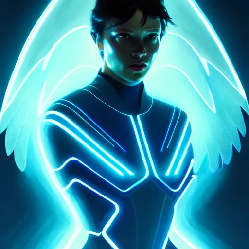 Image similar to tron legacy angel, diffuse lighting, hyper realistic, elegant, concept art, intricate, hyper detailed, smooth, sharp focus, illustration, trending on artstation, art by greg rutkowski and james gurney and alphonse mucha