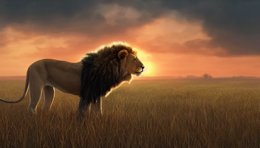 Prompt: Lion in a middle of a large field with a sunset in the background, hyperdetailed, artstation, cgsociety, 8k