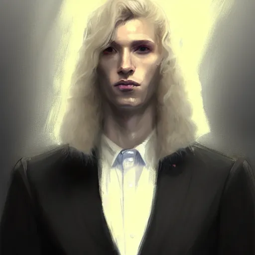 Prompt: Portrait of an androgynous man by Greg Rutkowski, he is about 30 years old, mixture between russian and irish, long fluffy blond curly hair, attractive, extremely pale white skin, smart looking, he is wearing a black futuristic lawyer outfit, highly detailed portrait, scifi, digital painting, artstation, concept art, very very very pale skin, very very long curly blond hair, smooth, sharp foccus ilustration, Artstation HQ
