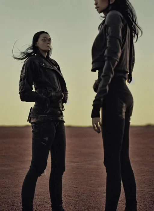 Image similar to cinestill 5 0 d photographic portrait of two loving female androids wearing rugged black techwear on a desolate plain with a red sky, extreme closeup, lizard on ground, cyberpunk style, in front of a brutalist dark metal facility, dust storm, 3 5 mm, hd, high resolution, 8 k, f / 3 2, ultra realistic faces