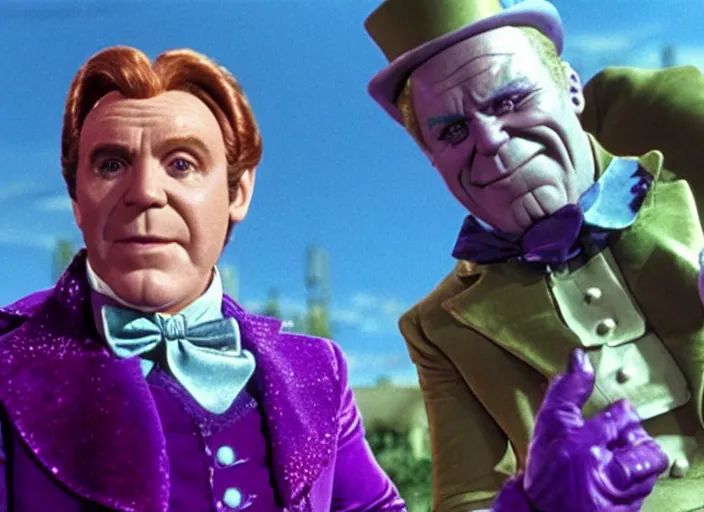 Image similar to film still of thanos as willy wonka in willy wonka and the chocolate factory 1 9 7 1