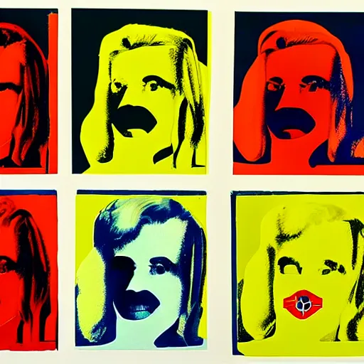 Image similar to panels of primary colors lithography cyborgs in the style of andy warhol