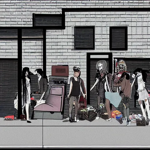 Image similar to “ group of goth punks smoking cigarettes sitting on car at an abandoned 7 - eleven convenience store, apocalyptic, photorealism, cel shading ”