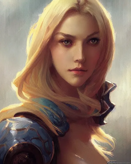 Image similar to '' Portrait of Beautiful blonde Slavic woman, league of legends, LOL, fantasy, d&d, digital painting, artstation, concept art, sharp focus, illustration, art by greg rutkowski and alphonse mucha ''