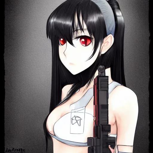 Image similar to upper body portrait of a beautiful girl with long black hair, wearing black riot gear, holding AR-15, drawn by WLOP, by Avetetsuya Studios, attractive character, colored sketch anime manga panel, trending on Artstation