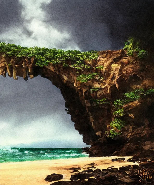 Image similar to photorealistic painting of turtle bay beach jamaica, sharp cliffs, island with cave, dark, atmospheric, brooding, smooth, finely detailed, cinematic, epic, lovecraft, in the style of larry elmore