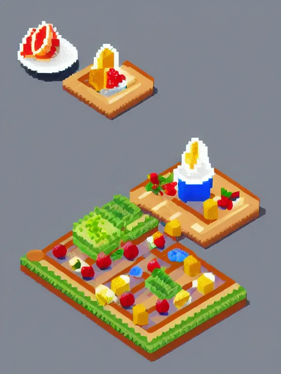 Image similar to miniature isometric pixel art diorama of yogurt with fruits