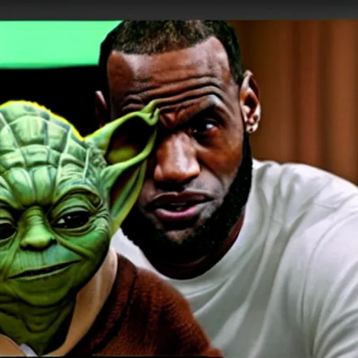 Image similar to a film still of lebron james playing the part of yoda