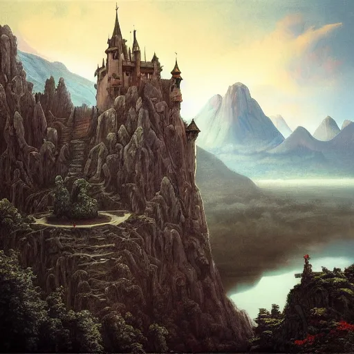 Prompt: a painting of a castle in the sky, a detailed matte painting by Ansel Adams, vampire bats, lake, behance contest winner, fantasy art, matte painting, matte drawing, storybook illustration