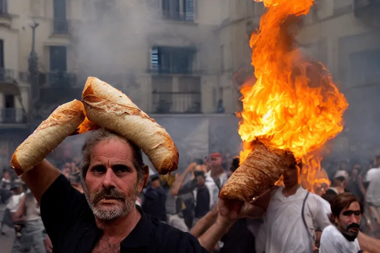 Prompt: closeup potrait of a man carrying baguettes over his head during a scorching fire in Paris, photograph, natural light, sharp, detailed face, magazine, press, photo, Steve McCurry, David Lazar, Canon, Nikon, focus