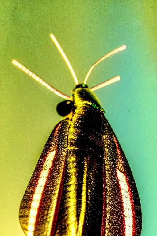 Image similar to high quality close-up photo gothic pearlescent moth! jewelled gorgeous! highly detailed david ligare elson peter cinematic yellow neon lighting high quality low angle hd 8k sharp shallow depth of field