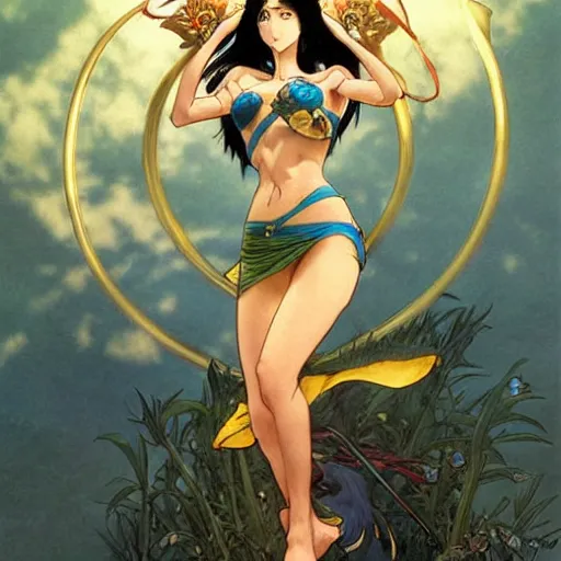 Image similar to highly detailed vfx portrait of nico robin by eiichiro oda!, makoto shinkai, alphonse mucha, sharp focus, art by artgerm and greg rutkowski!, backlit, harsh overhead sunlight, blue eyes!!, large aquiline nose!!, stanley kybric, kaoru mori, intricately detailed, top rated on pixiv,