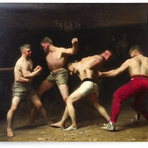 Prompt: bare knuckle boxing tournament by alfred stevens