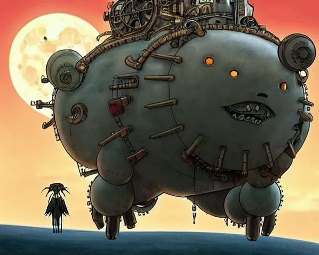 Image similar to a mechanical blueprint of a lovecraftian mechanized wolf from howl's moving castle ( 2 0 0 4 ), with a big head, in a war - torn desert village, wide shot, in front of a big moon, muted colors, post grunge, studio ghibli, hq, art by artgem