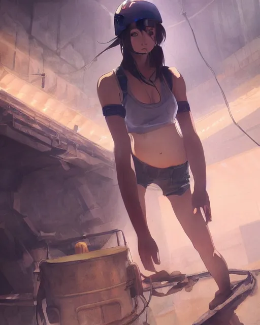 Image similar to a girl mining in a coal mine, dirty hard work, full shot, atmospheric lighting, detailed body and face, by makoto shinkai, stanley artgerm lau, wlop, rossdraws