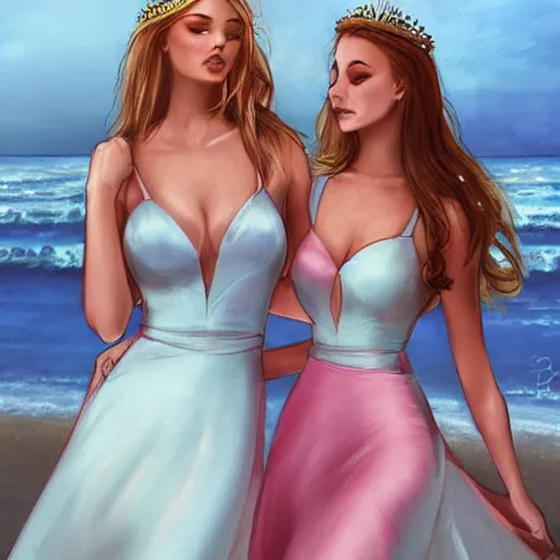 Prompt: two beautiful princesses in skintight satin prom dresses on the beach drawn by charlie bowater