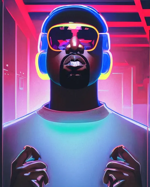 Image similar to kanye west as future coder man looking on, sleek cyclops display over eyes and sleek bright headphoneset, neon accent lights, holographic colors, desaturated headshot portrait digital painting by dean cornwall, rhads, john berkey, tom whalen, alex grey, alphonse mucha, donoto giancola, astronaut cyberpunk electric