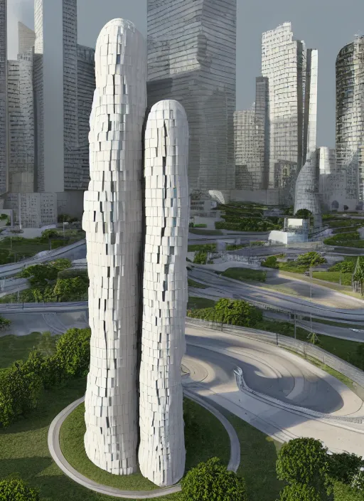 Image similar to highly detailed realistic architecture 3 d render of a futurisctic stele column monument made from spheres in frank gehry style standing near a highway, archdaily, made in unreal engine 4 octane render