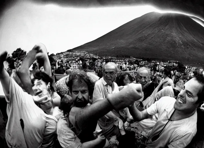 Image similar to old photo of greeks wich drink wine and have fun against the backdrop of mount vesuvius starting to erupt, photo by sebastian salgado, fisheye 4, 5 mm, diffused backlight