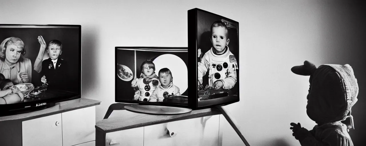 Prompt: a tv showing the moon landing while a family eats spaghetti, in the style of diane arbus, canon 5 0 mm, wes anderson film, kodachrome, retro