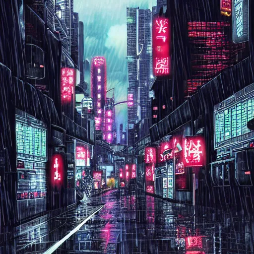 Image similar to manga illustration of poor cyberpunk city, rainy weather, highly detailed