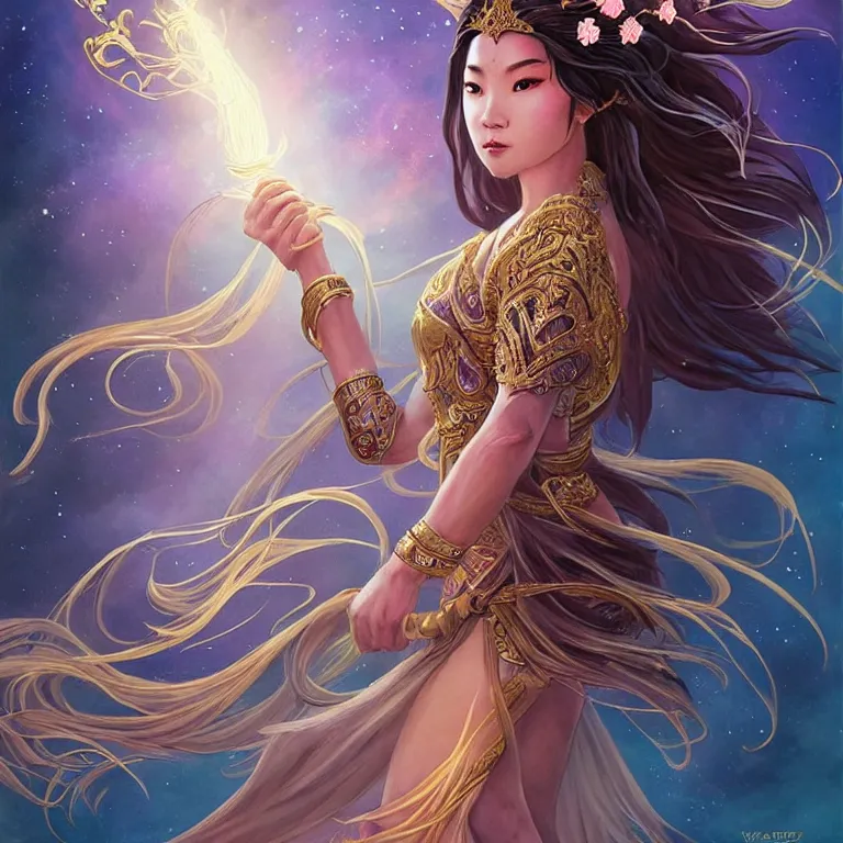 Image similar to beautiful cinematic fantasy poster, a beautiful vietnamese goddess warrior wearing a long flowy ao yai with enbroidered flowers with flowing illuminated hair throwing a banh mi towards camera, beautiful glowing galaxy eyes, wideshot ultrawide angle epic scale, hybrid from The Elden Ring and art direction by Darius Zawadzki ;by artgerm; wayne reynolds art station; cinematic quality character render; low angle; ultra high quality model; production quality cinema model;
