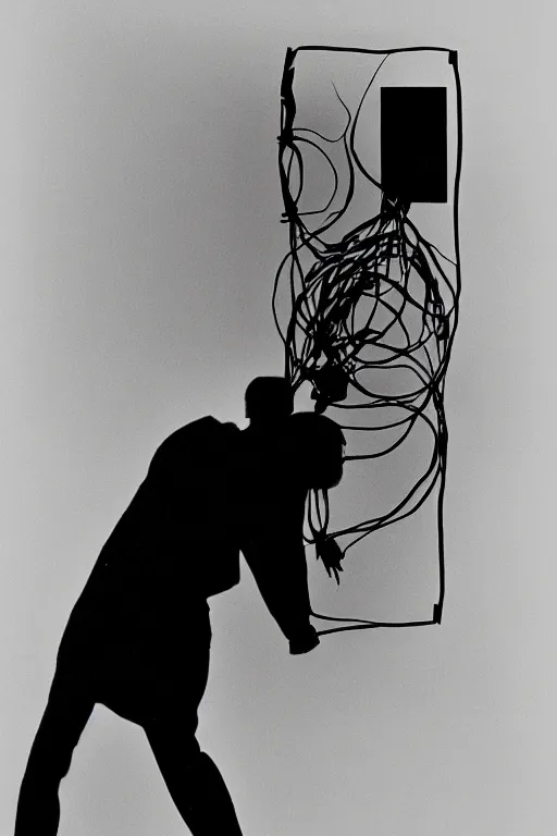 Image similar to a minimalist portrait of Marcel Duchamp holding computer cables in the style of Annie Leibovitz, Irving Penn, Hito Steyerl, Shinya Tsukamoto, Saâdane Afif, Alfredo Jaar line drawing and 35mm film, wide angle, monochrome, futuristic tetsuo