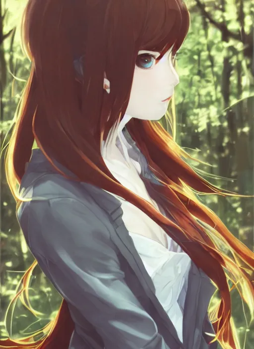 Prompt: portrait painting by shigenori soejima, girl, fox ears, focus on face, forest background, pretty, cinematic lighting, painterly, long wavy orange hair, light brown trenchcoat