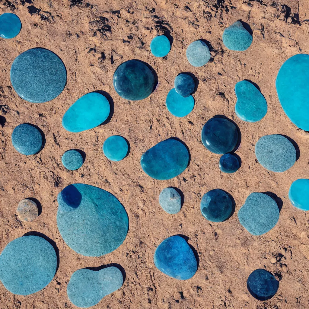 Prompt: obsidian boulders outdoor sculpture, orange sand desert with pools of milky blue water, bubbles, light leaks, birds eye view