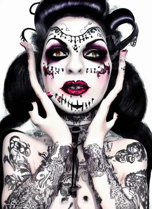 Image similar to of a goth girl burlesque psychobilly punk, detailed face, white background, drawing, full body shot