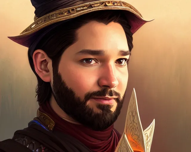 Prompt: a portrait of alexis ohanian as a wizard, wizard hat, handsome, deep focus, d & d, fantasy, intricate, elegant, highly detailed, digital painting, artstation, concept art, matte, sharp, illustration, hearthstone, art by artgerm and greg rutkowski and alphonse mucha