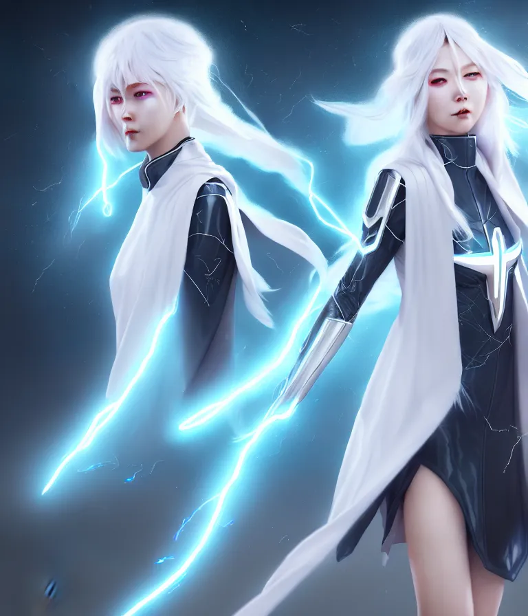 Image similar to female superhero of the rainstorms with shimmering white uniform, cloak and robes and silver hair, lightning and thunderclouds all around, fantasy character concept art in japanese anime style with photorealistic rendering digital painting of the century award octane render artstation hypervivid detailed