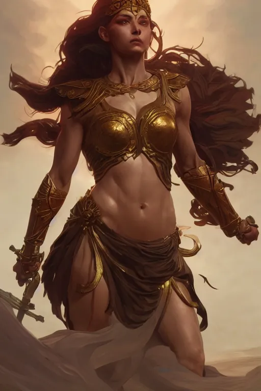 Image similar to goddess of war, accurate anatomy, only two hands, highly detailed, digital painting, artstation, concept art, smooth, sharp focus, illustration, Unreal Engine 5, 8K, art by Ross Tran and greg rutkowski and alphonse Mucha