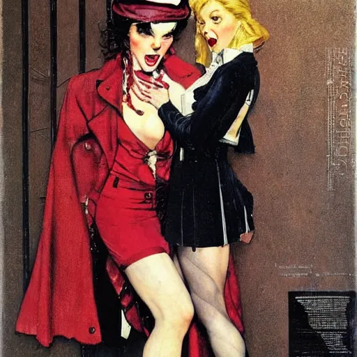 Image similar to Muscular and scary urban female vampire with a red coat and beret, by Norman Rockwell and Robert McGinnis.