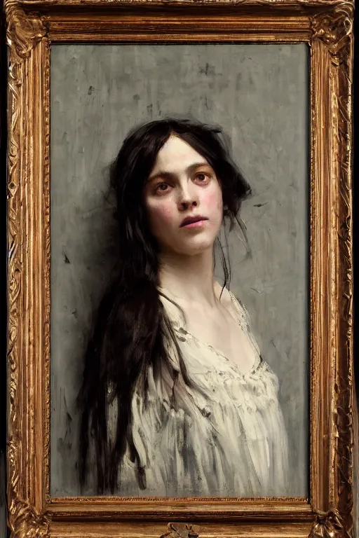 Image similar to Solomon Joseph Solomon and Richard Schmid and Jeremy Lipking victorian genre painting full length portrait painting of a young beautiful woman medieval witch