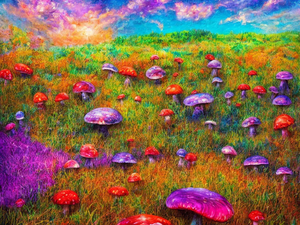 Image similar to an impressionist painting of a gorgeous meadow filled with colorful mushrooms with a stream flowing through it, psychedelic colors, colorful sky in background, high detail, trending on artstation