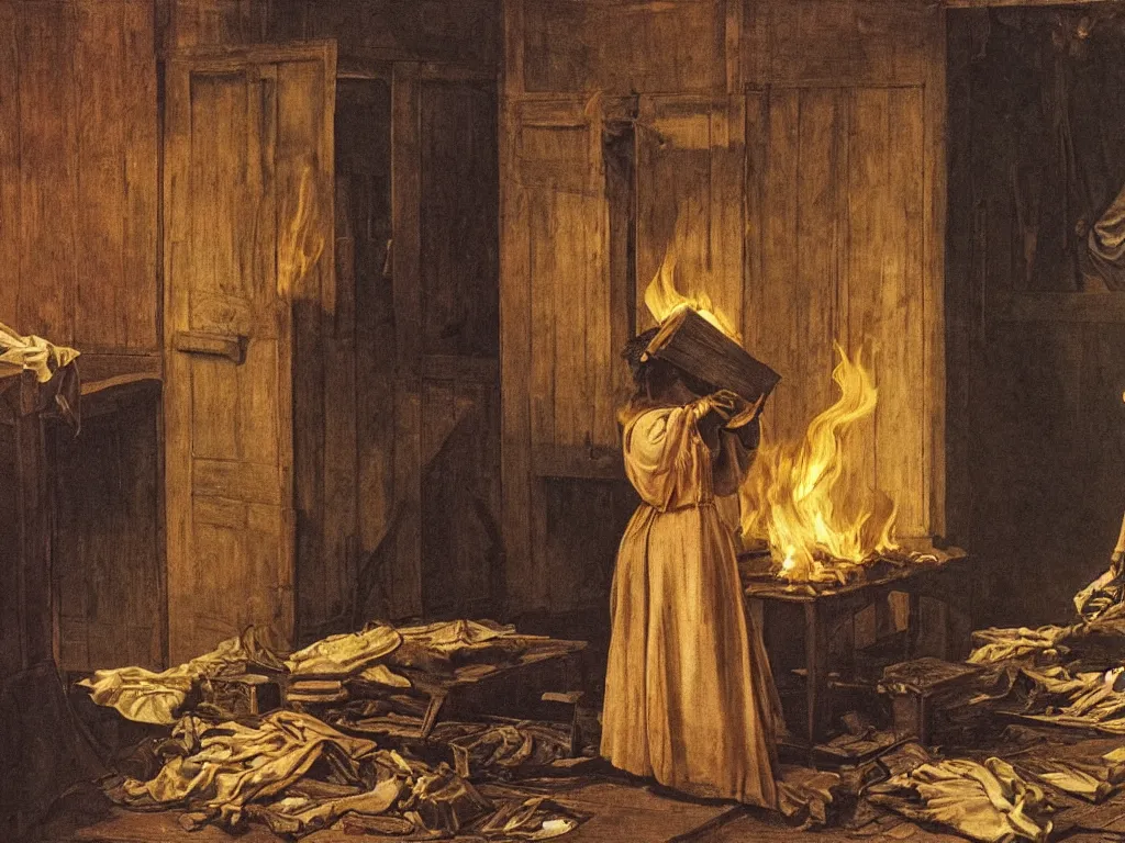 Prompt: Woman setting fire to the interior of an old wooden house full of cloth, books, wilted flowers. Painting by Georges de la Tour.