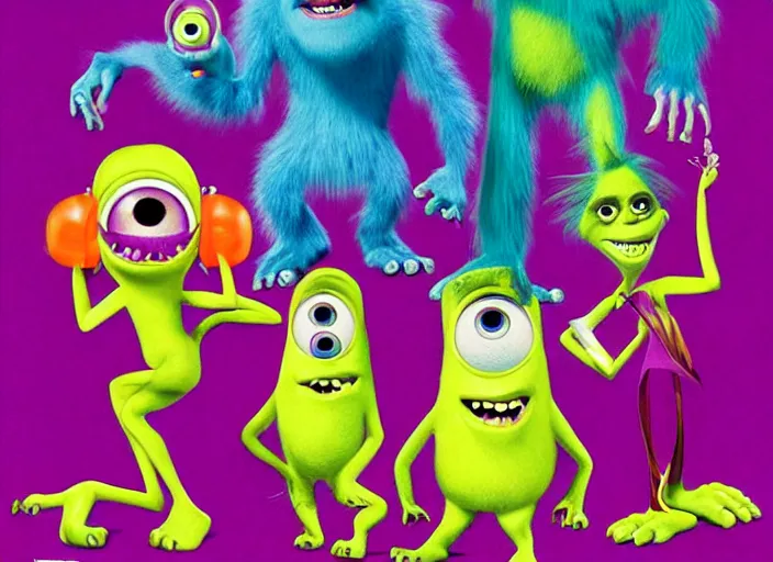 Prompt: monsters inc 1 9 8 0 s pop band, detailed facial expression, surrealism aesthetic