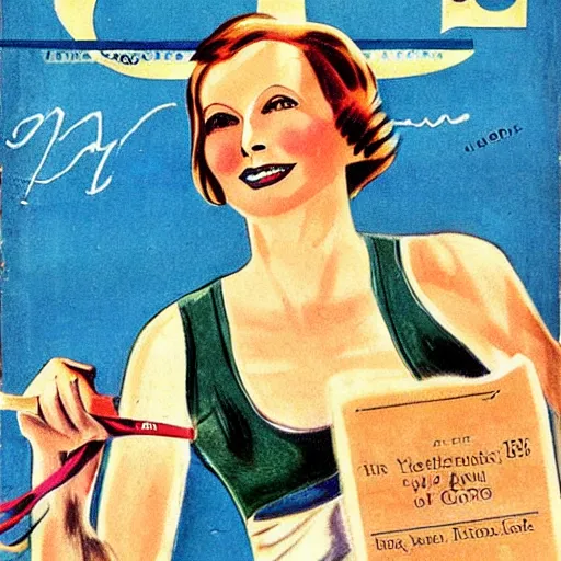 Image similar to a 1 9 2 8 cover of vogue. happy, healthy, beautiful, smiling, young, sporty, glowing greta garbo in decent athletic wear. realistic detailed color drawing