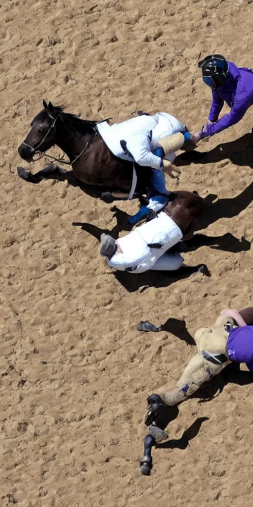 Image similar to horse wrestles astronaut on all fours on hands and knees in grappling in closed guard on mount position